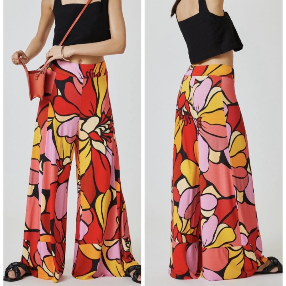 Farm Rio Womens Anthropologie Wide Leg Printed Pants Floral Colorful Small